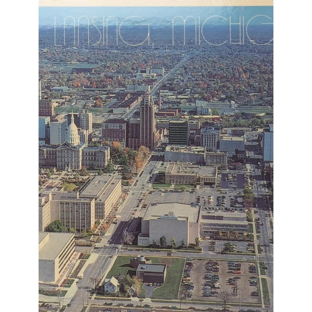 c1970s Lansing, Mich. Birds Eye Downtown State Office Civic Postcard